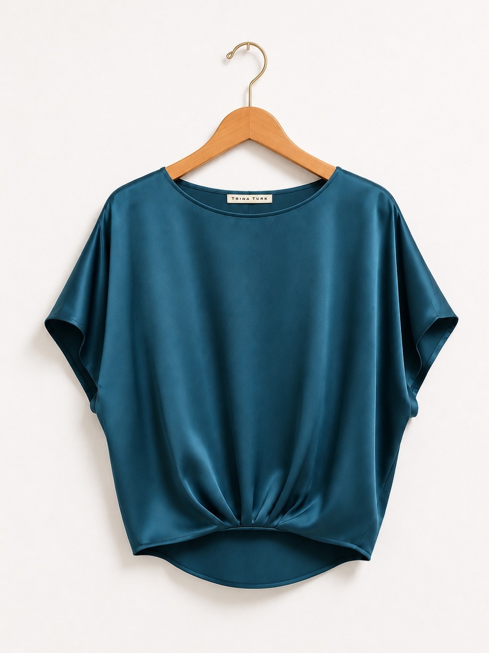 Trina Turk Teal Satin Feel Short Flutter Sleeve Cinch Front Pastilla Blouse NWT